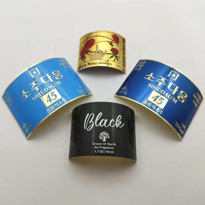 China Factory Made Aluminum Metal Sticker For Bottle Self Adhesive Metal Nameplate Foil Embossed Bending Sticker Wine Label