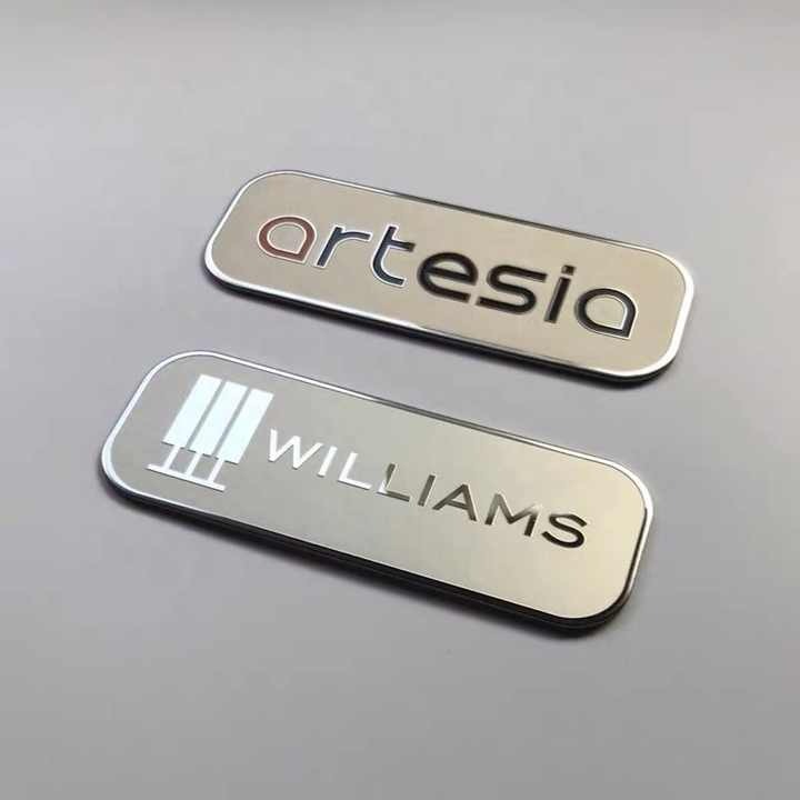 2023 design metal 3d mirror embossed rasied engraved aluminum 1mm adhesive name plates sticker label logo tags badge